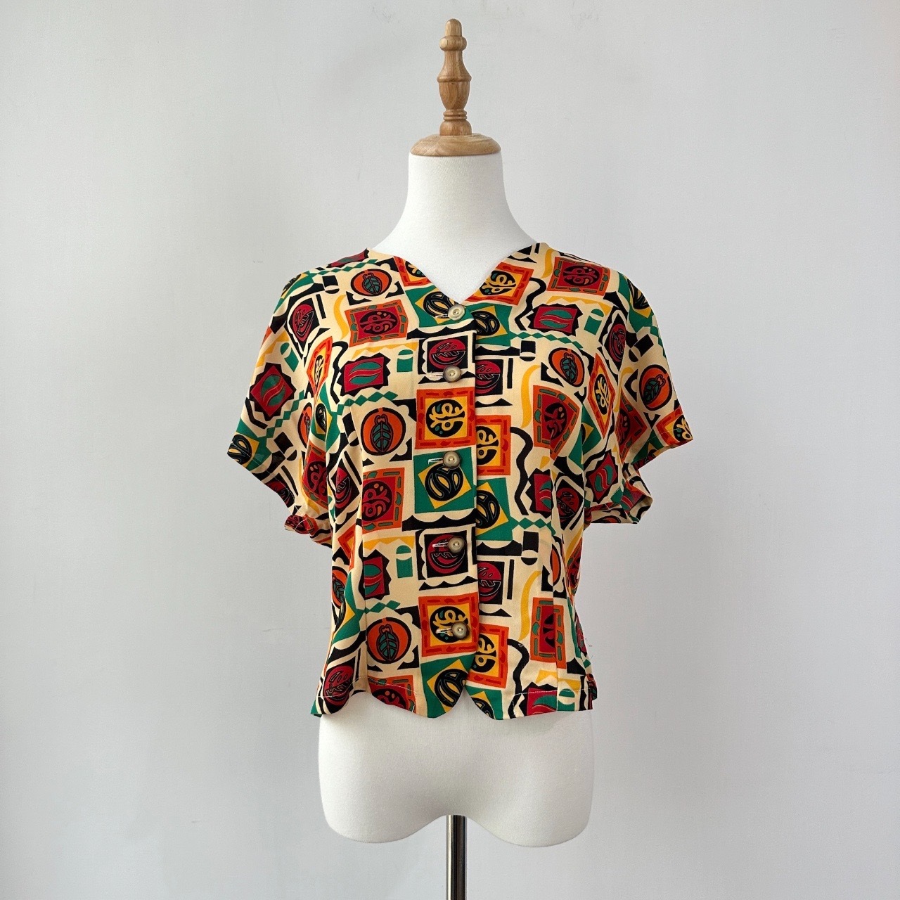 七彩圖案蝙蝠袖古著上衣