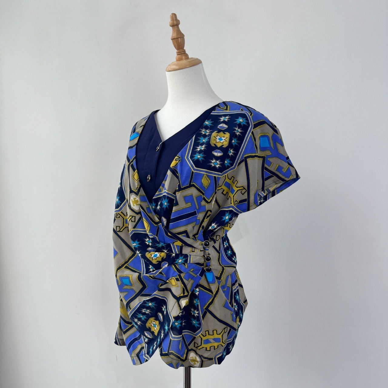 藍色修腰設計假兩件古著上衣