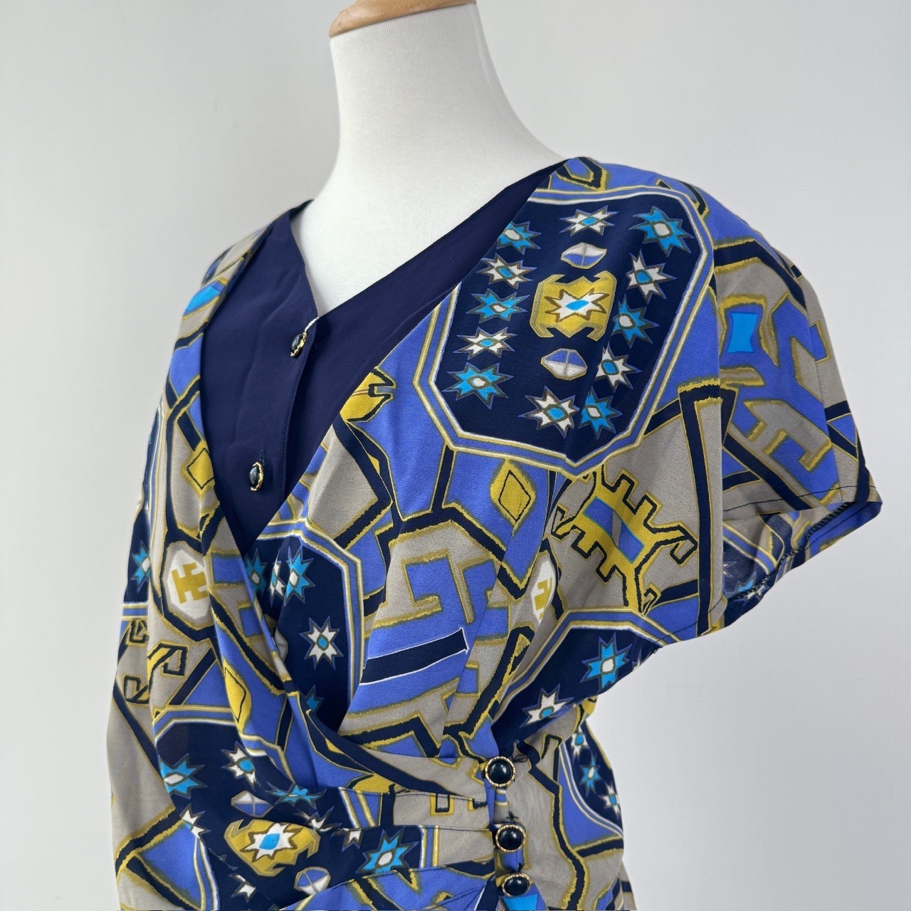 藍色修腰設計假兩件古著上衣