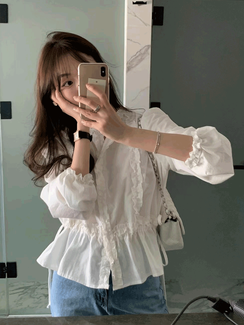 [現貨]浪漫荷葉領綁帶襯衫(白色)