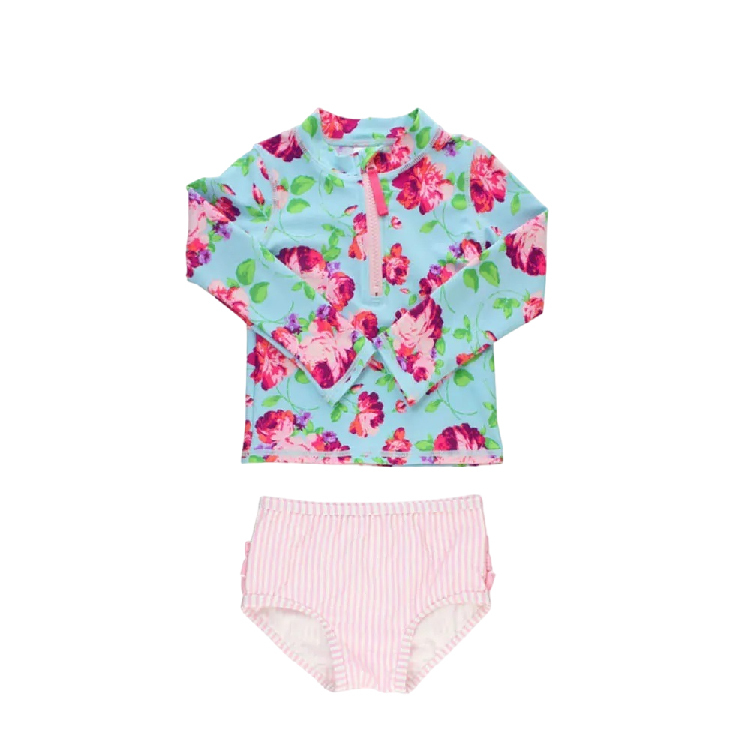 美國Ruffle Butts- 玫瑰/長春花色條紋/花卉/花朵綻放/火焰鳥 長袖拉鍊 兩件式長袖泳裝