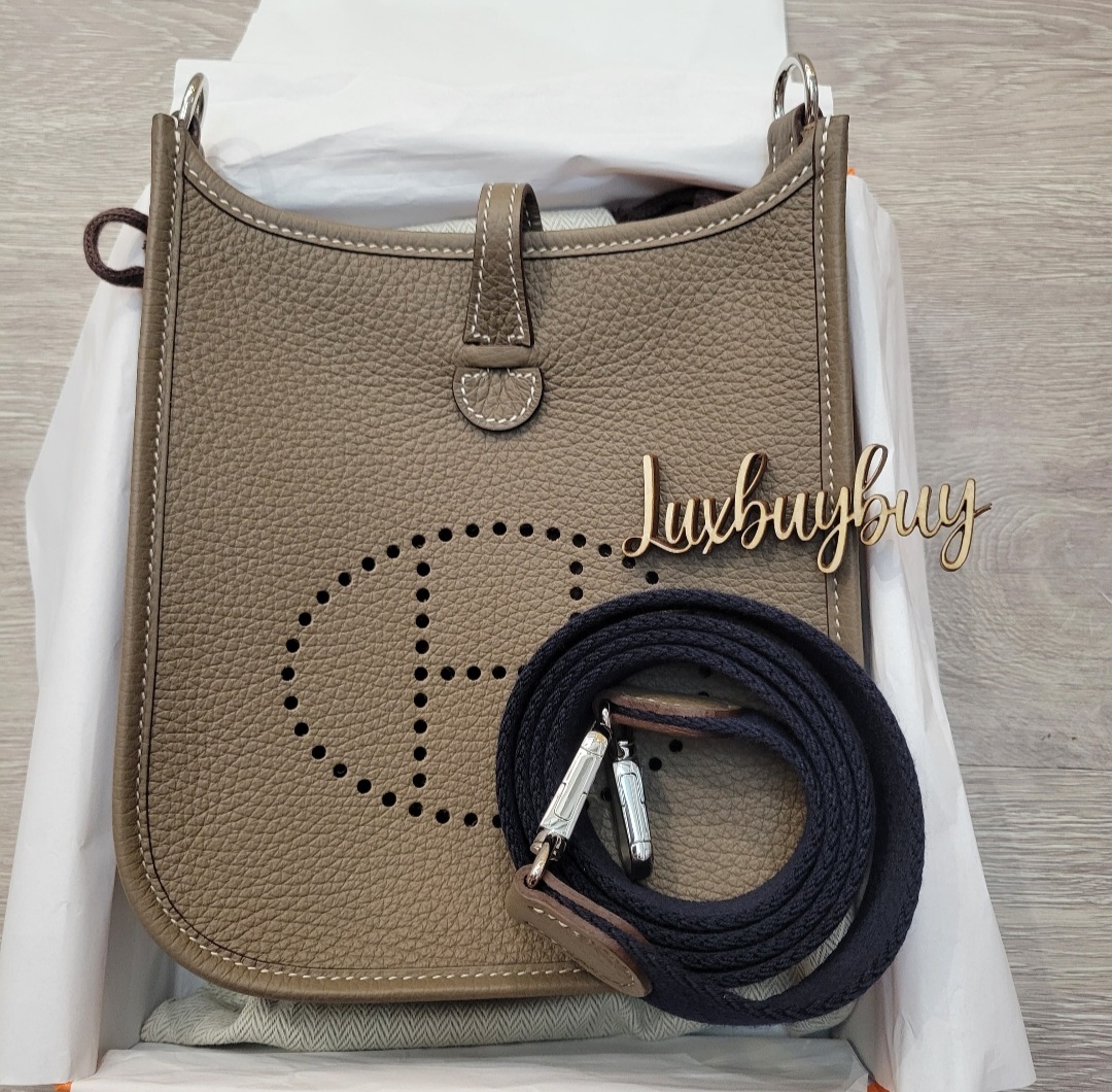 Hermes Mini evelyne Etoupe/bleu indigo CK 110cm 大象灰/藍帶銀扣