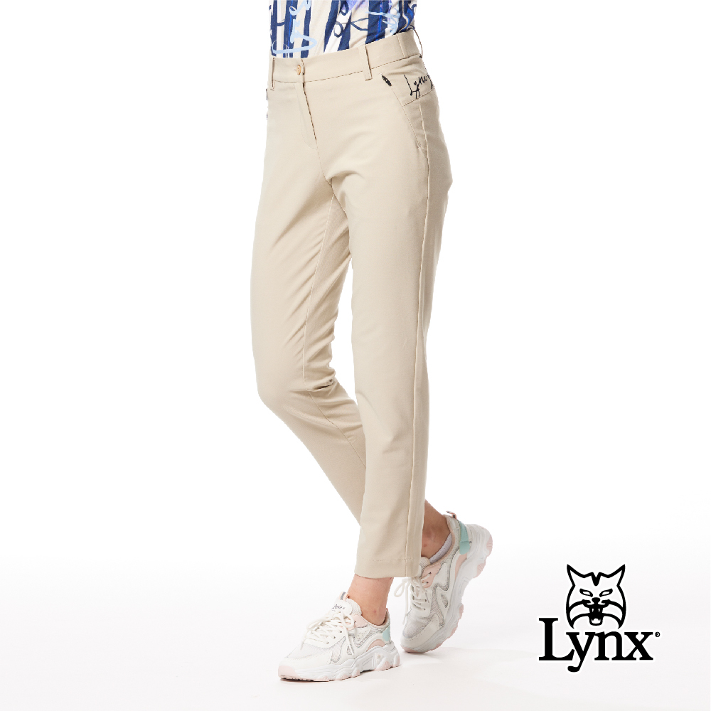 【Lynx Golf】日本布料抗UV接觸冷感織帶剪接草寫繡花窄管九分褲