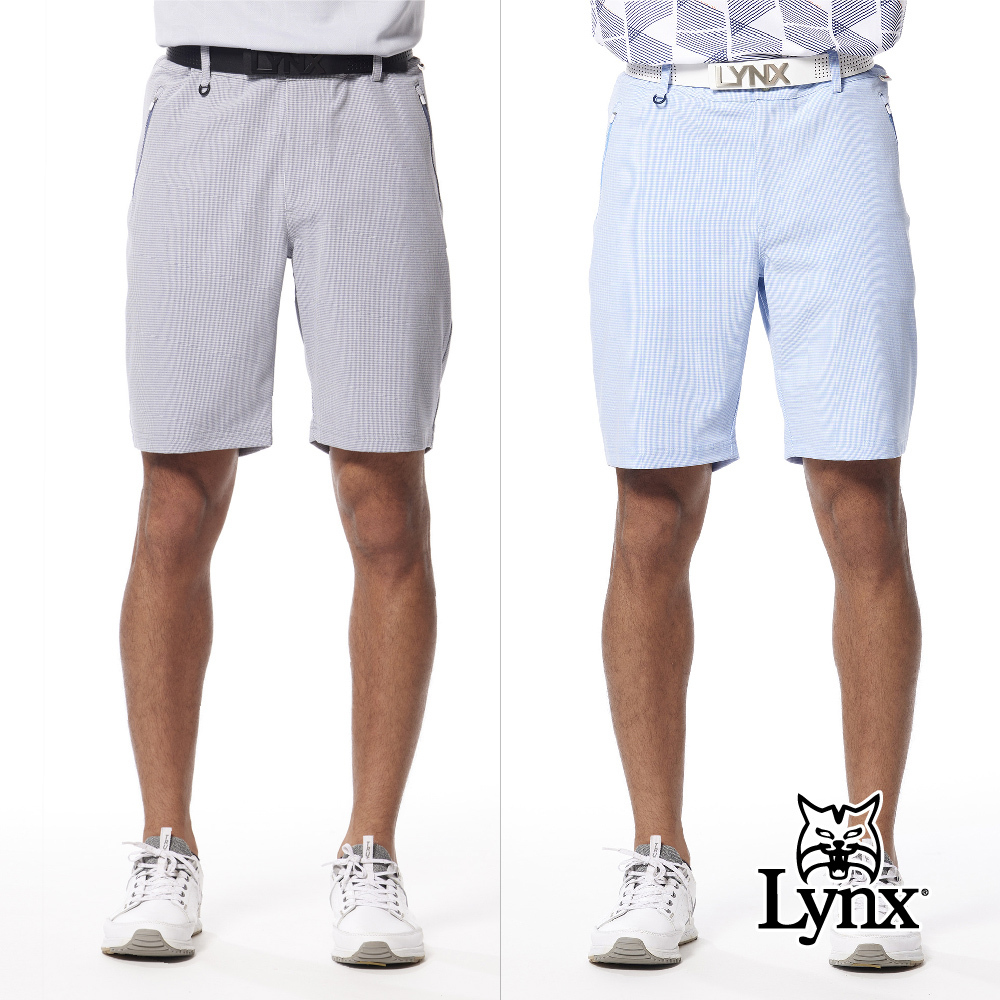 【Lynx Golf】經典細格紋後腰LOGO織帶拉鍊口袋平口休閒短褲