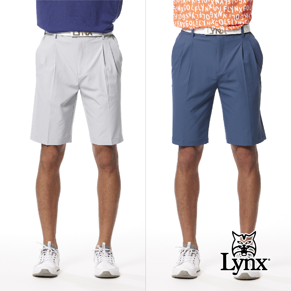 【Lynx Golf】彈性舒適兩側鬆緊帶後袋Lynx繡花雙折休閒短褲