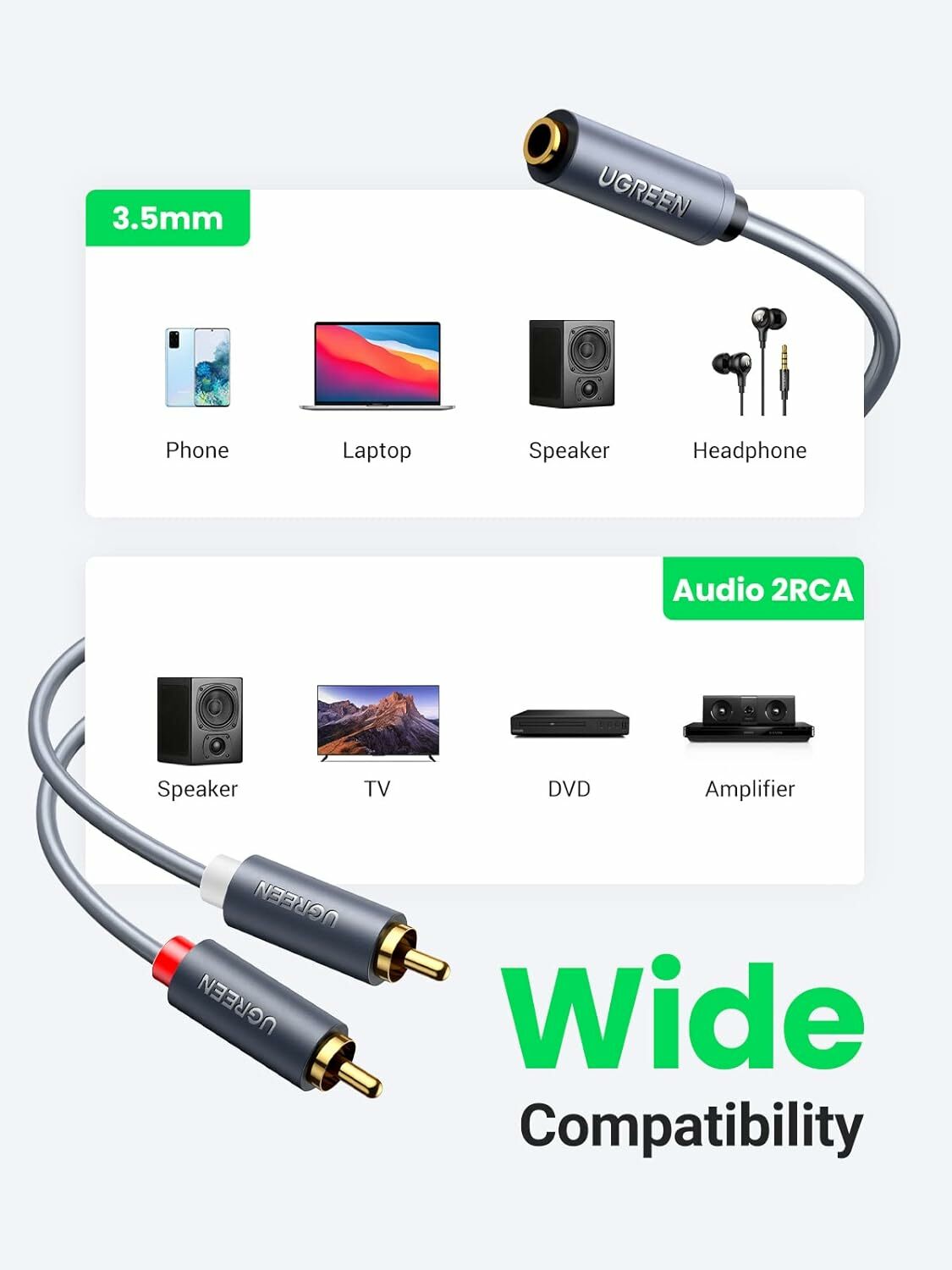 UGREEN - 雙RCA 公轉母 3.5mm 音頻線(雙聲道) (0.25M/1M/1.5M)