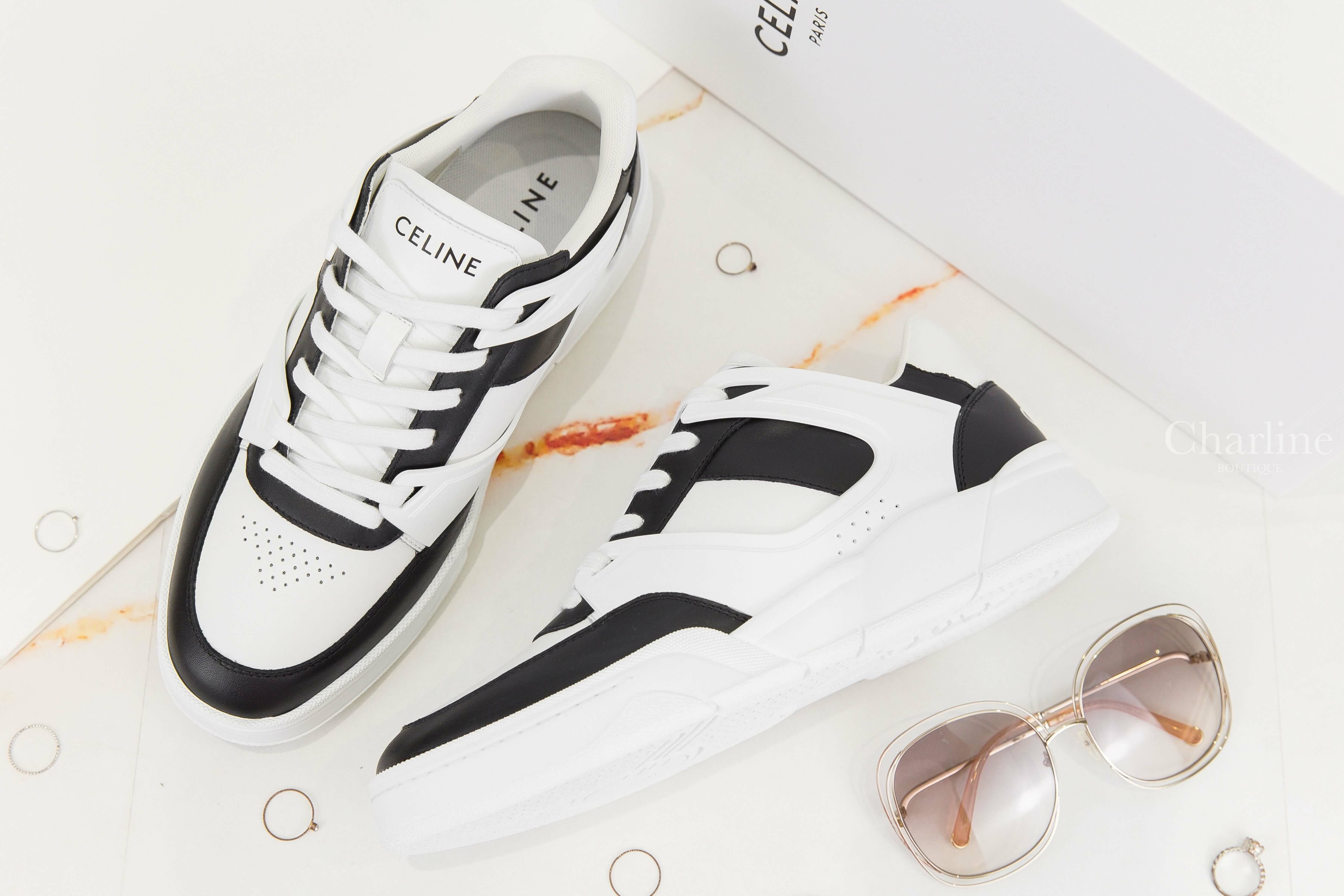 Celine Celine Trainer CR-07 Low Lace-up Sneaker In Calfskin 光學白黑底白字後跟拼黑色小牛皮低筒運動鞋-Charline Boutique 精品代購