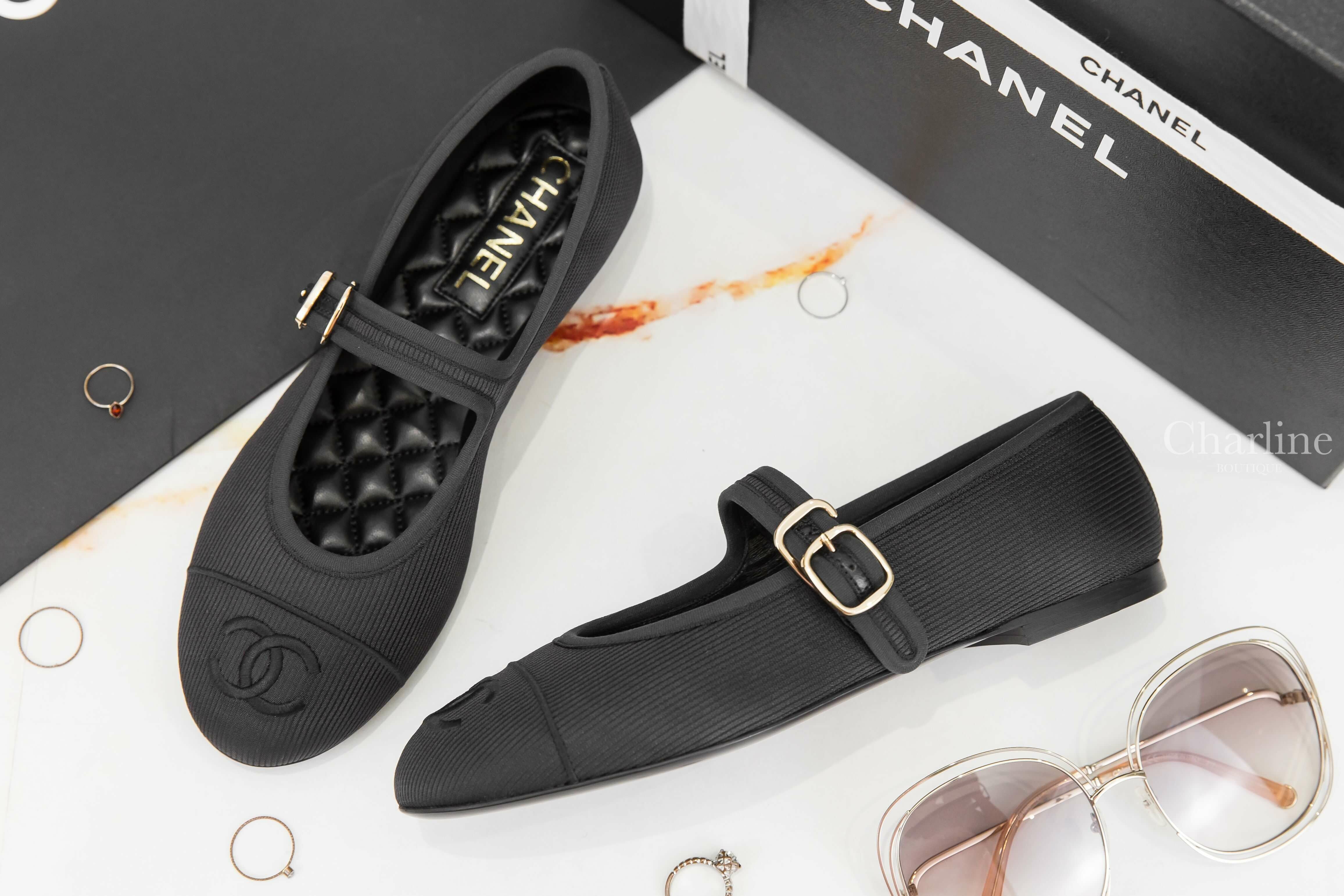 Chanel Mary Janes 黑CC羅紋金釦棉質平底瑪莉珍鞋-Charline Boutique 精品代購