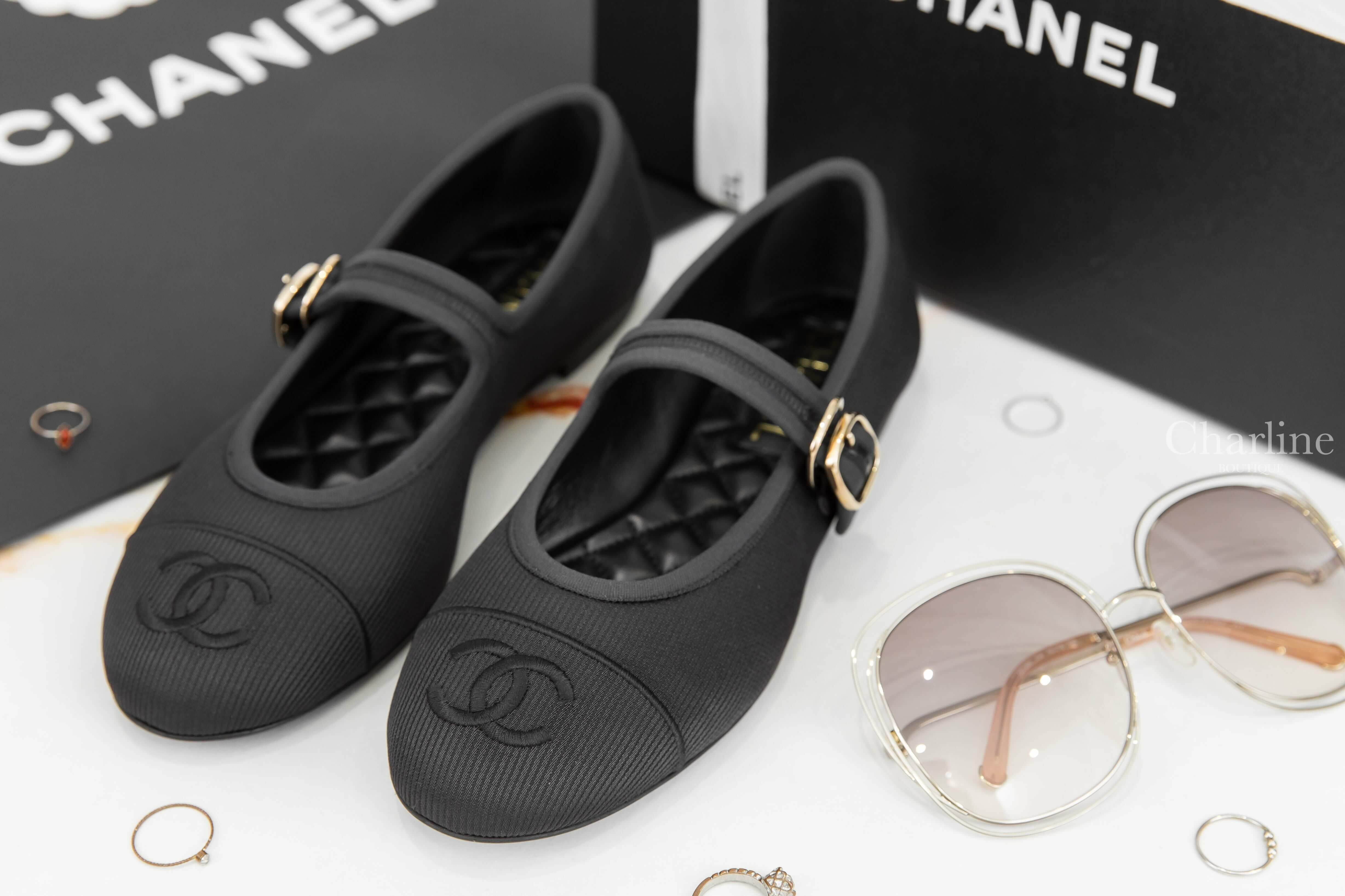 Chanel Mary Janes 黑CC羅紋金釦棉質平底瑪莉珍鞋-Charline Boutique 精品代購