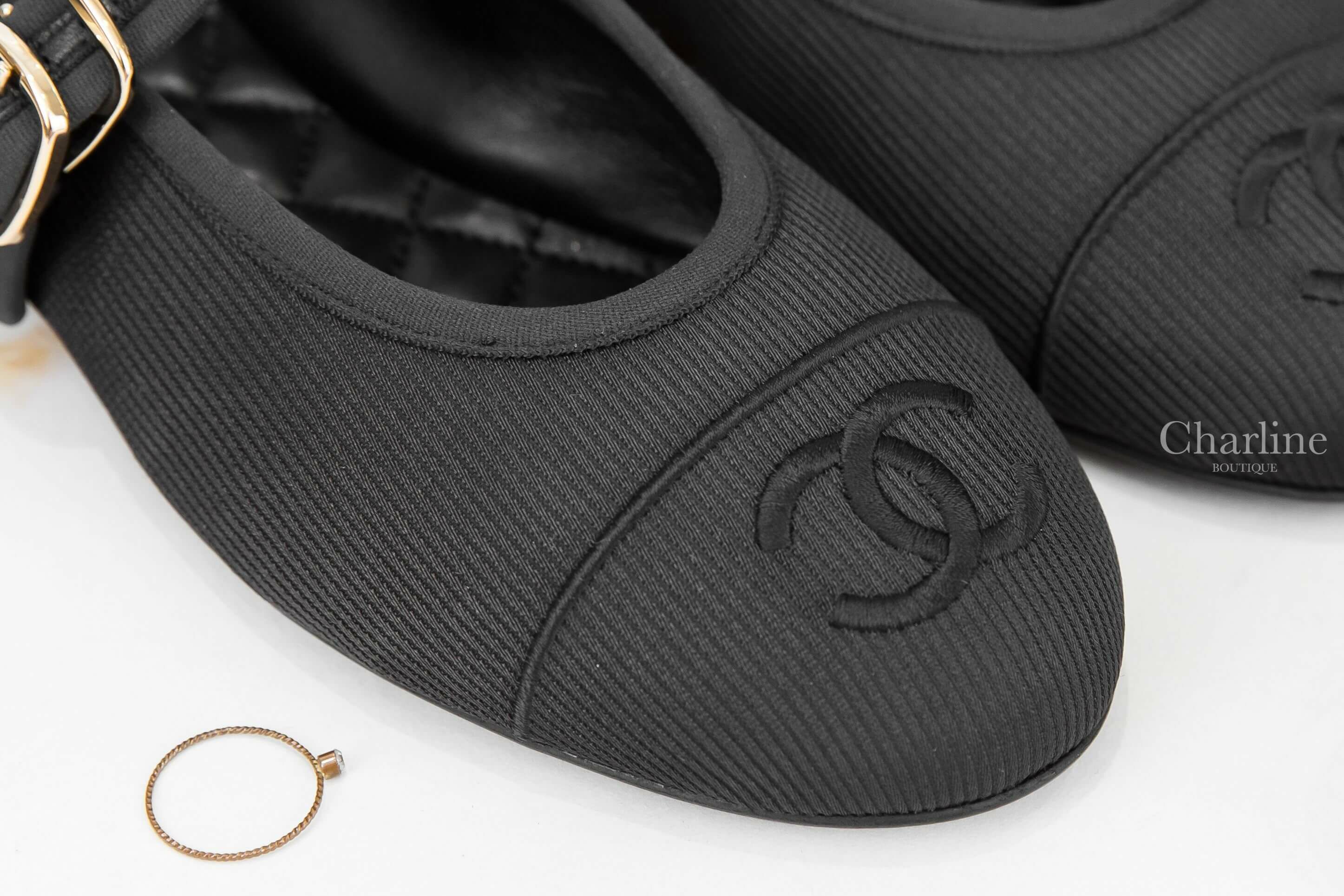 Chanel Mary Janes 黑CC羅紋金釦棉質平底瑪莉珍鞋