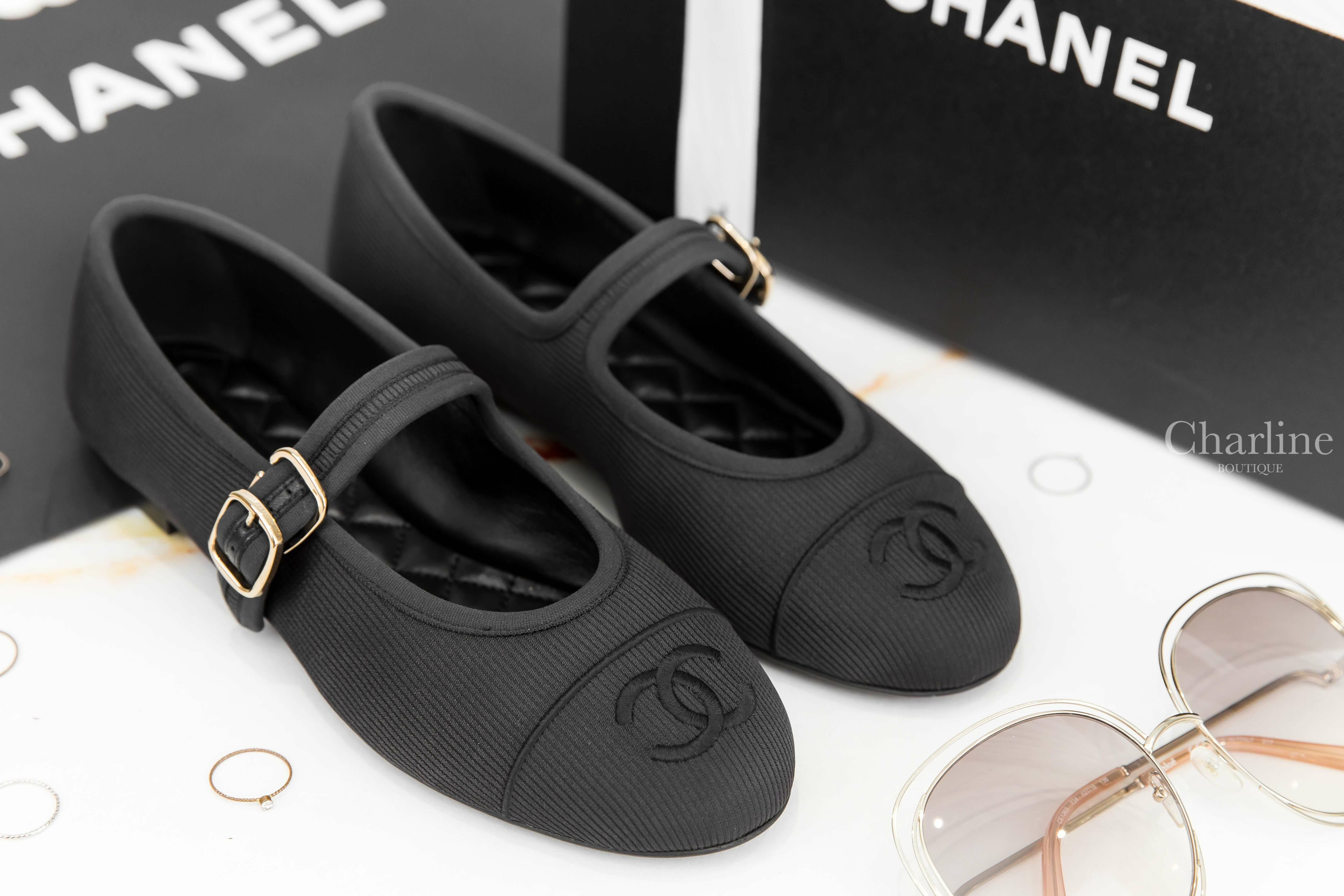 Chanel Mary Janes 黑CC羅紋金釦棉質平底瑪莉珍鞋
