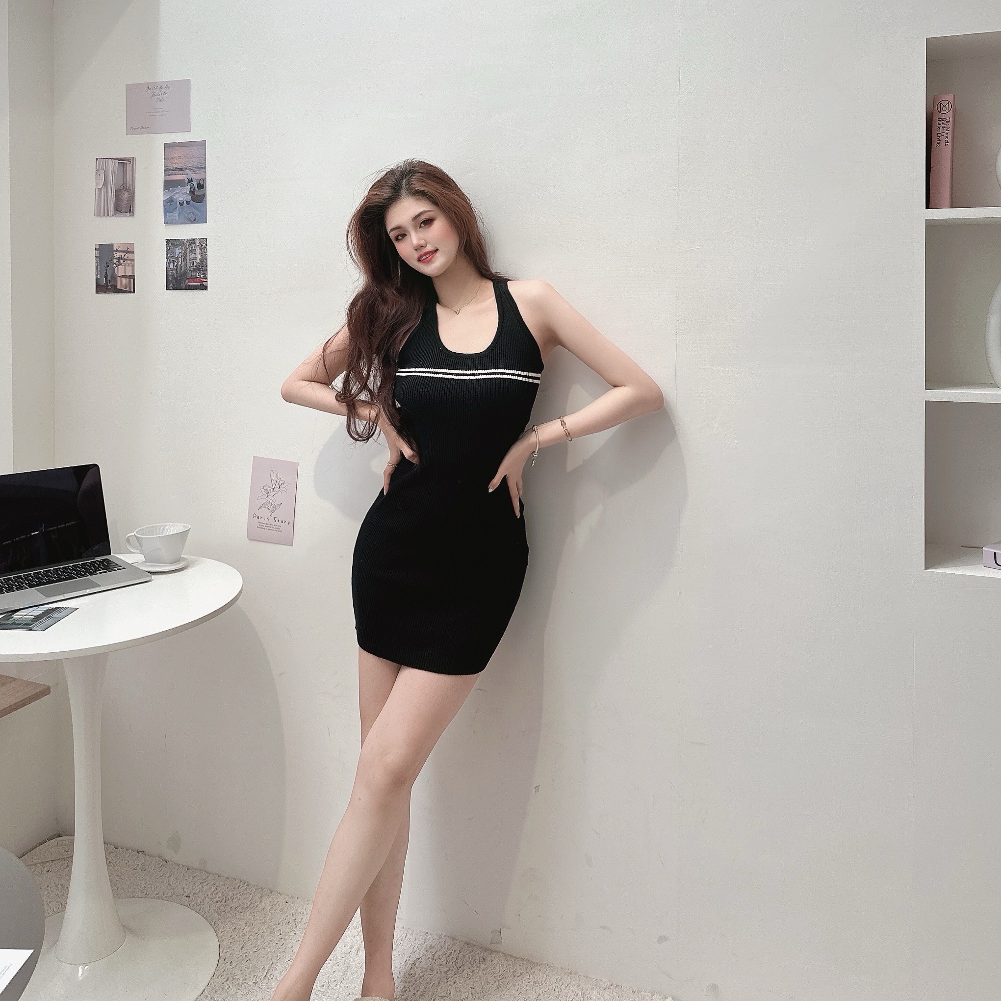 掛脖撞色針織洋裝/二色