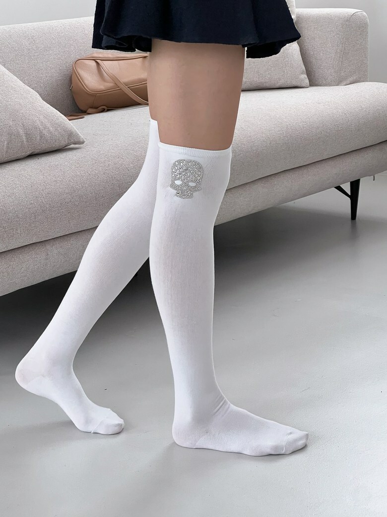 雙11🔥 時尚 Skull 骷髏圖騰印花膝蓋上長筒襪 學院風長筒襪