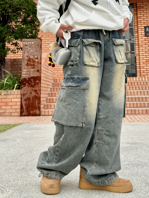 多功能口袋水洗寬鬆牛仔褲