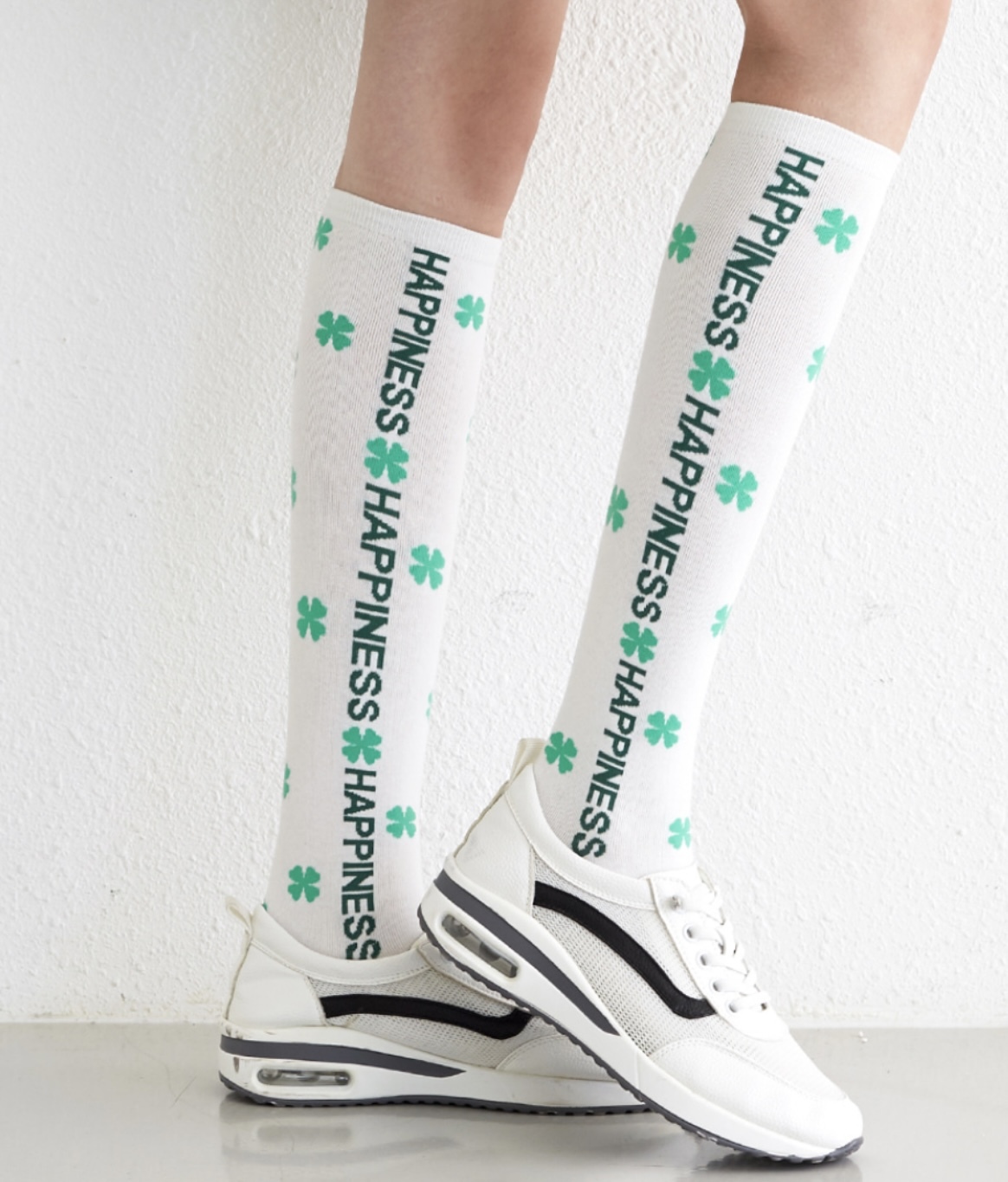 正韓 303M 學院& 時尚 幸運小草印花及膝長筒襪 學院風長筒襪