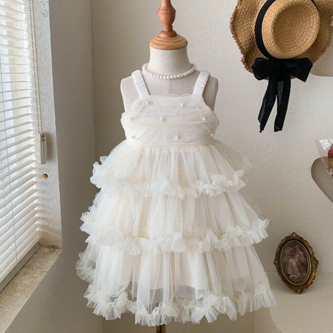 細肩帶珍珠抓紗蛋糕裙洋裝 90-140cm #YH63223