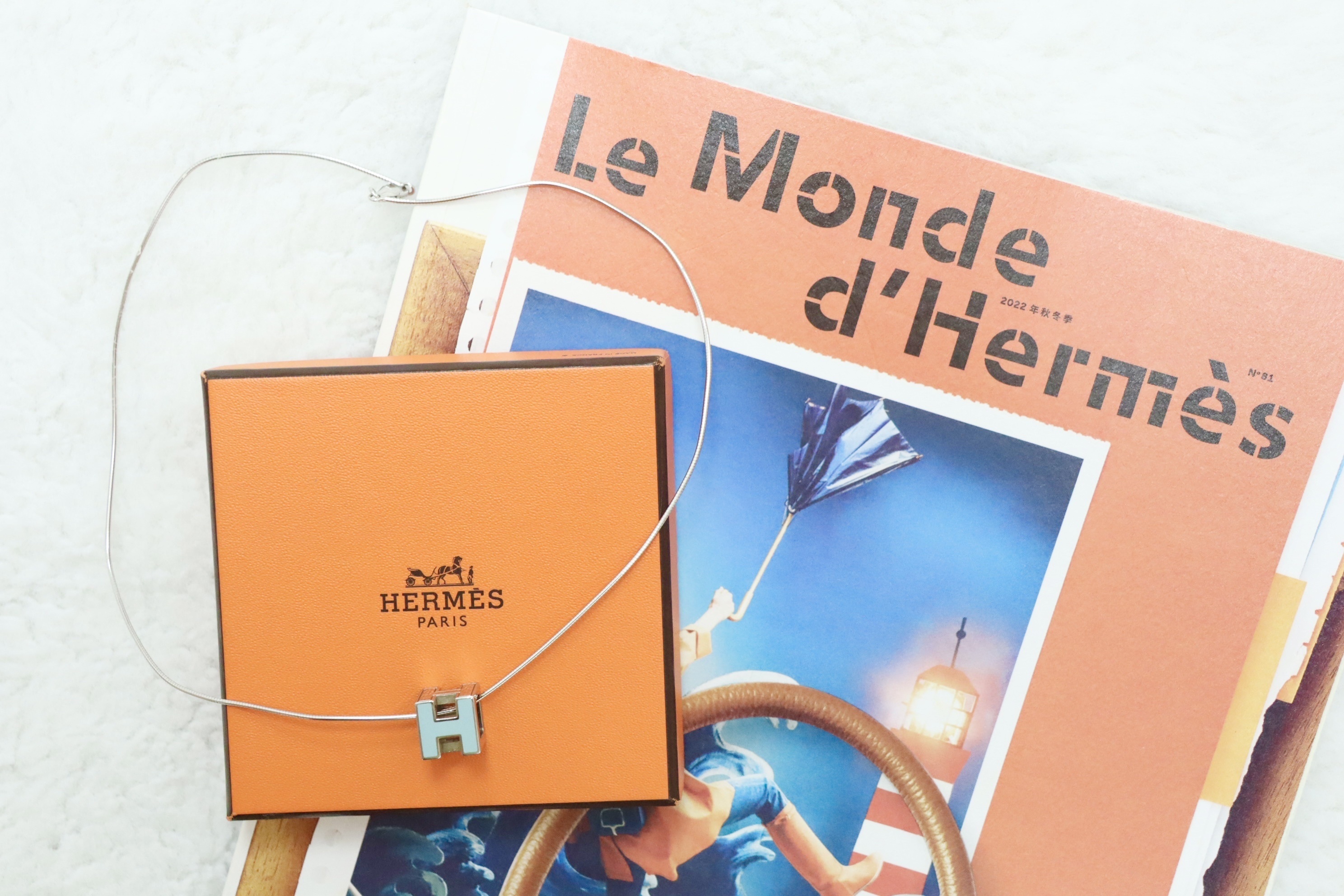 Hermes方型淺藍銀頸鏈