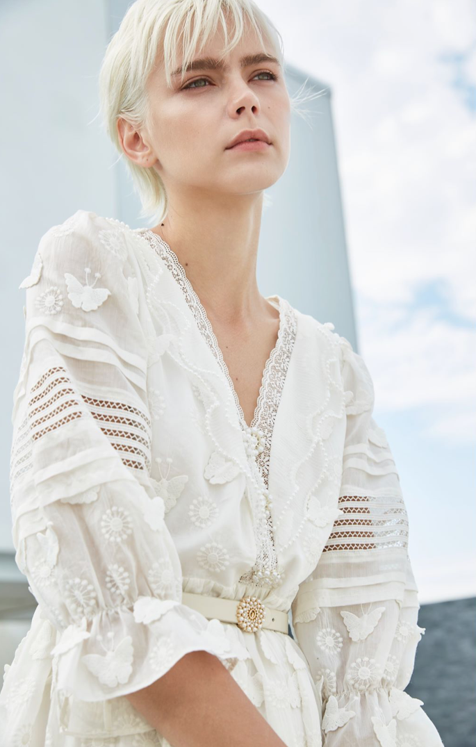 BD10162E1 新藝術花園V領太陽花蝴蝶泡袖X型短洋 (附腰帶)