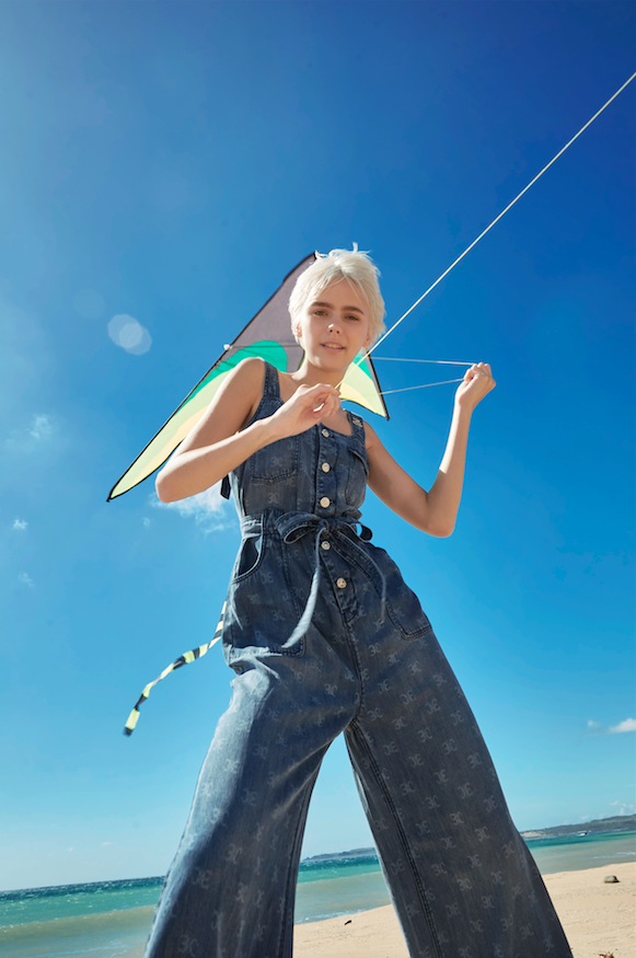 BD10302N1 水手條紋激光logo花連身寬褲 (附腰帶)