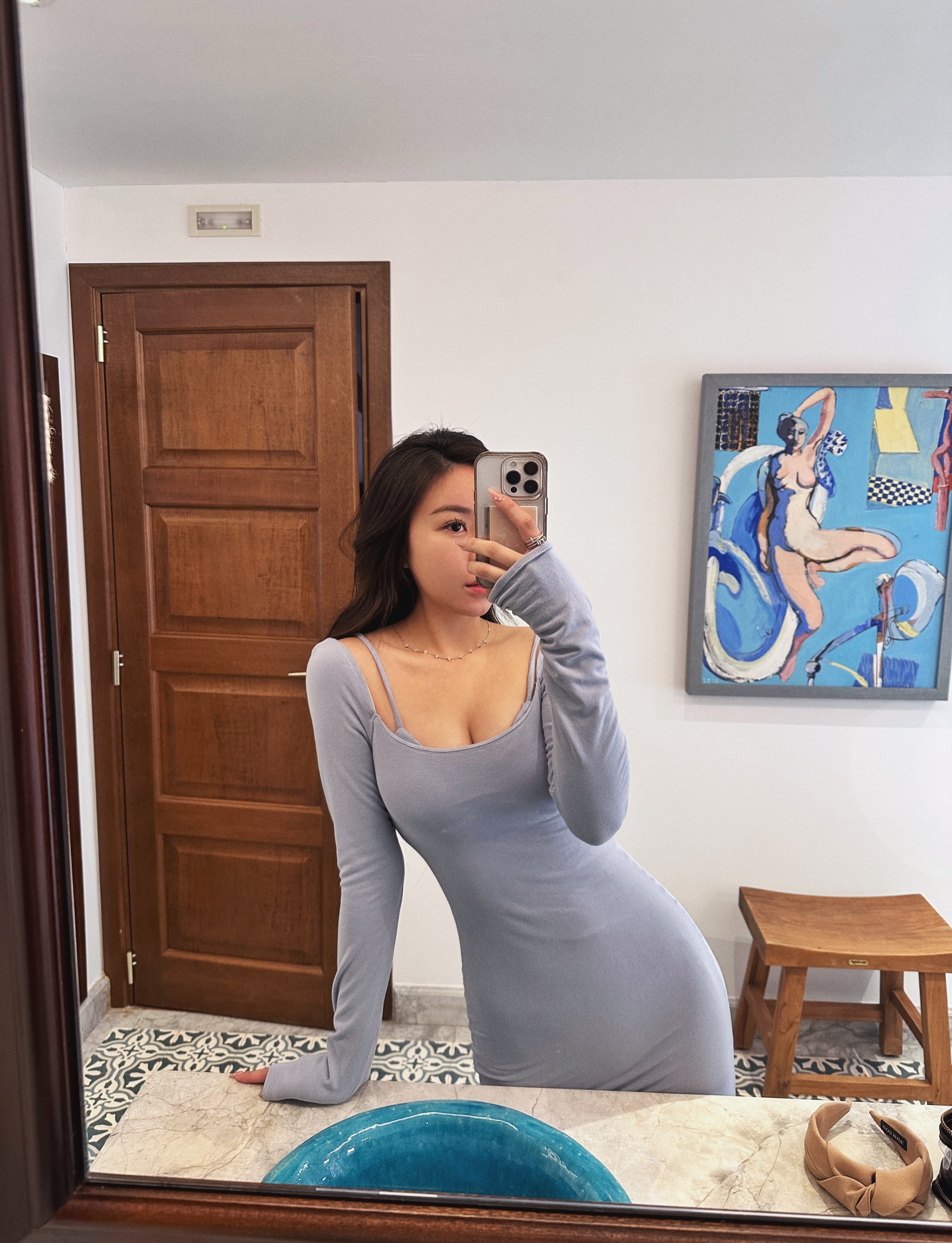 Nothing on you 細肩帶長袖開衩長洋裝