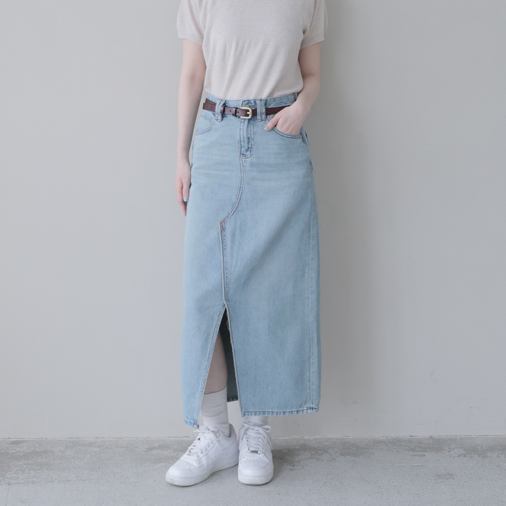 前開衩刷色高腰牛仔長裙(YKK拉鍊）