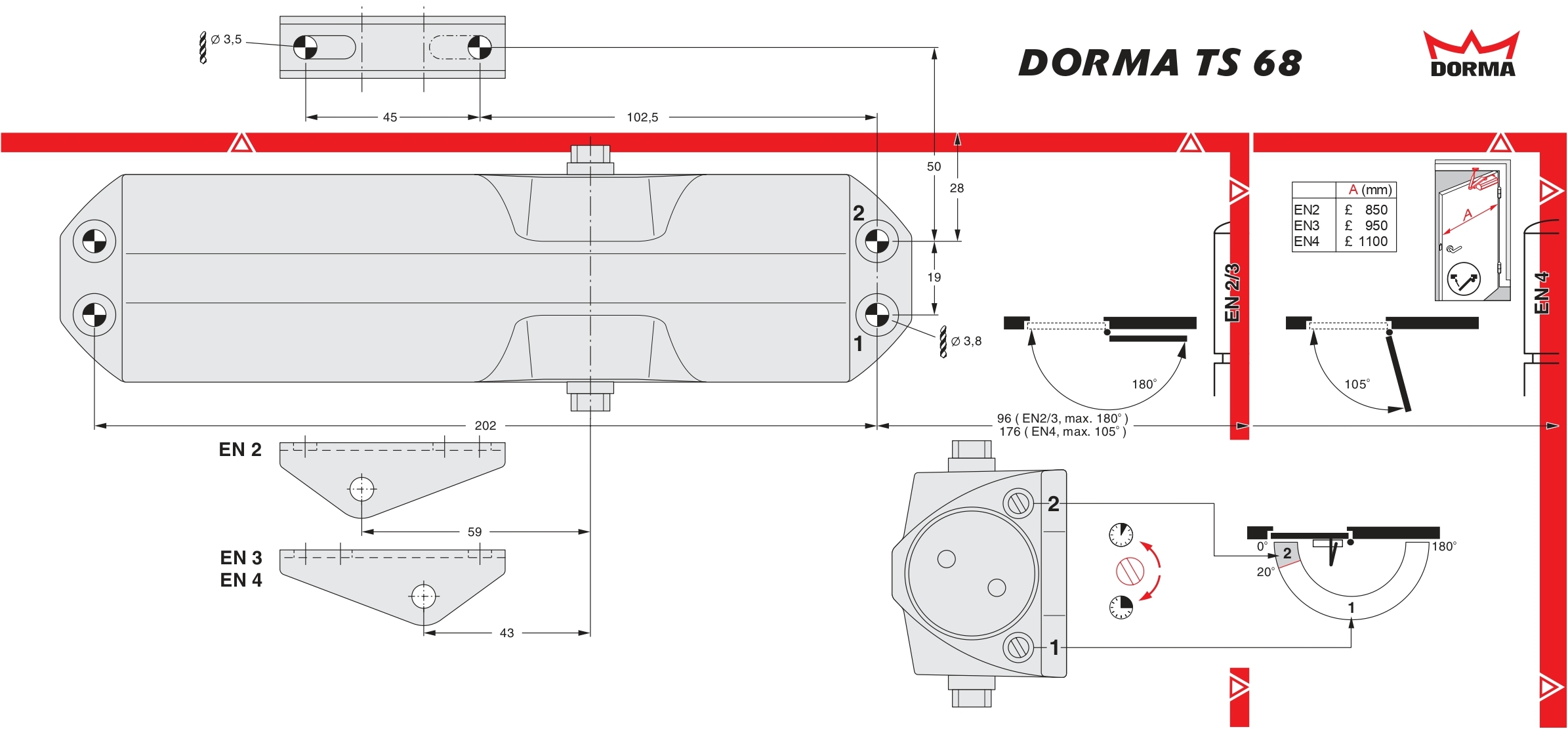 德國 Dormakaba 多瑪™ TS68 大門氣鼓 - 安裝圖紙 2