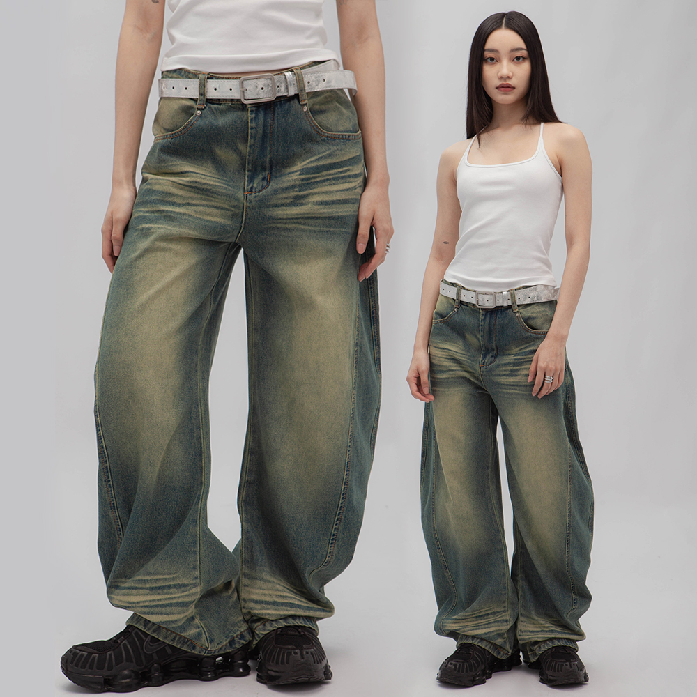 做舊貓鬚寬管牛仔褲