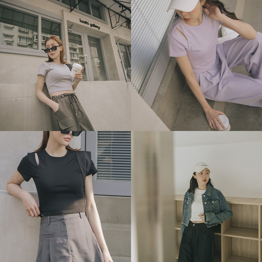 One-shoulder cutout short fitted top four colors【01039844】in stock+pre-order