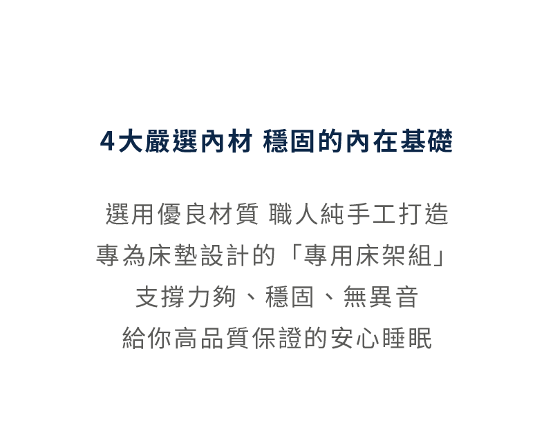 奈特床架嚴選四大內材，並由職人純手工打造，是專為床墊設計的「專用床架組」。