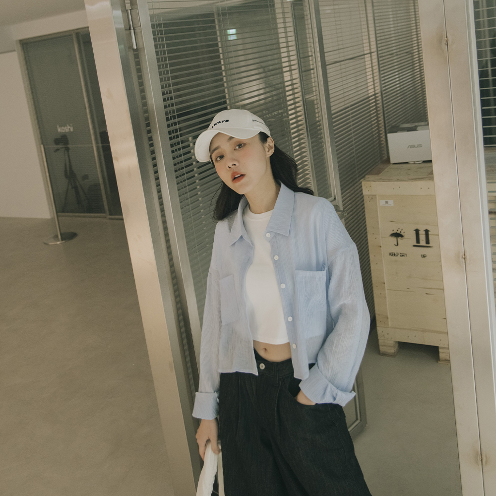 Sheer wrinkled cropped double-pocket shirt four colors【01025248】in stock+pre-order