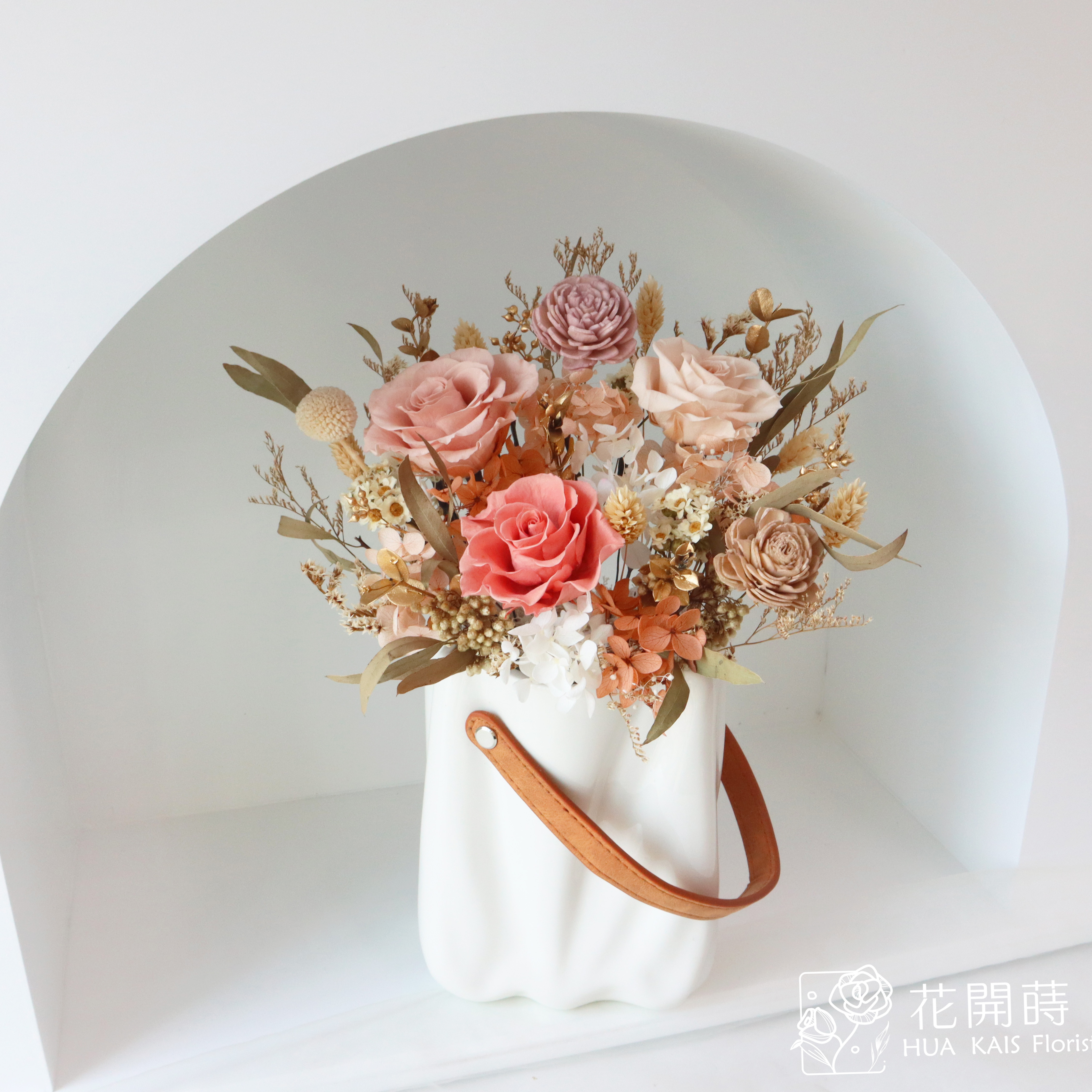 永生玫瑰大桌花|HK棕色手提包|開幕盆栽|生日禮物|入厝禮|開幕桌花|永生盆栽