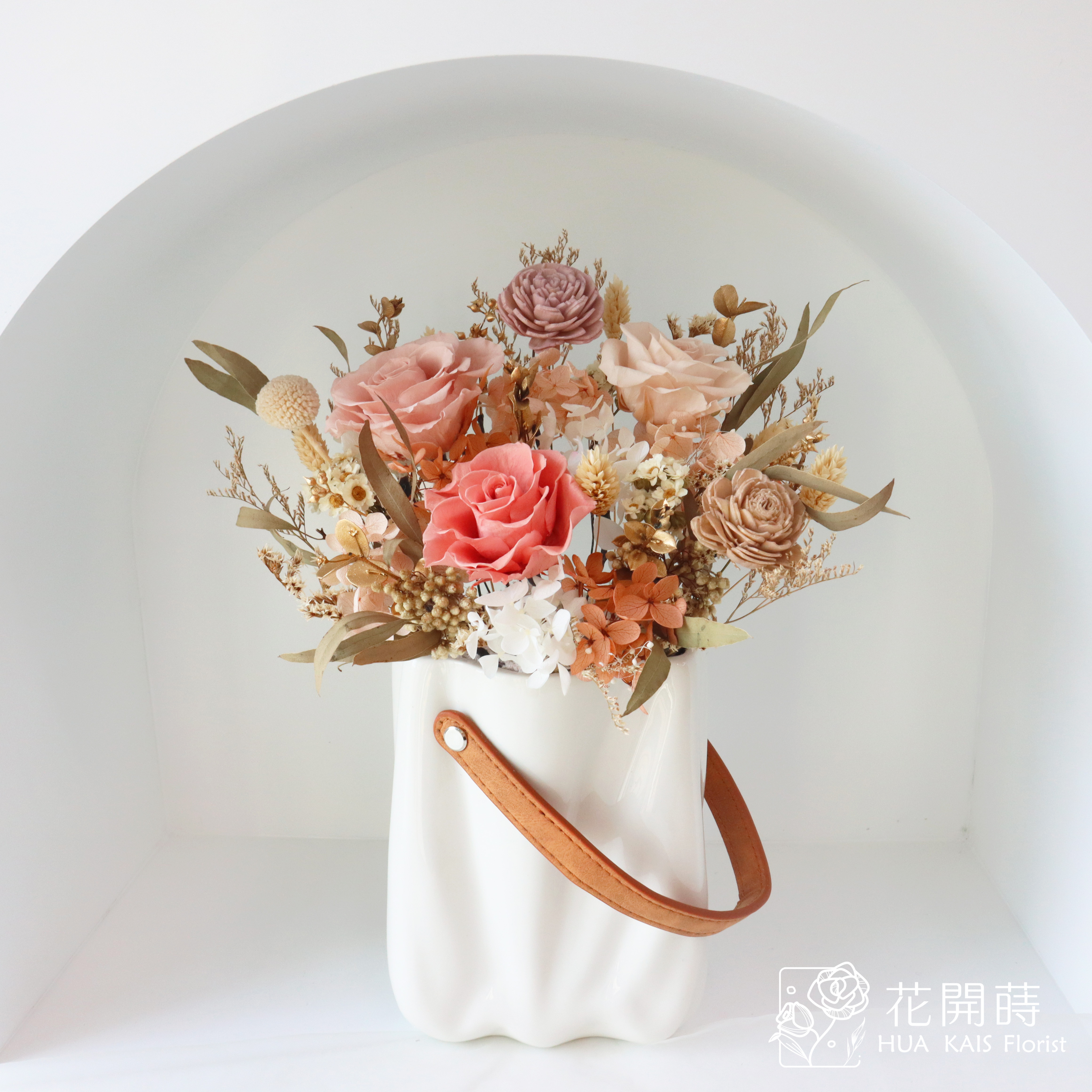 永生玫瑰大桌花|HK棕色手提包|開幕盆栽|生日禮物|入厝禮|開幕桌花|永生盆栽