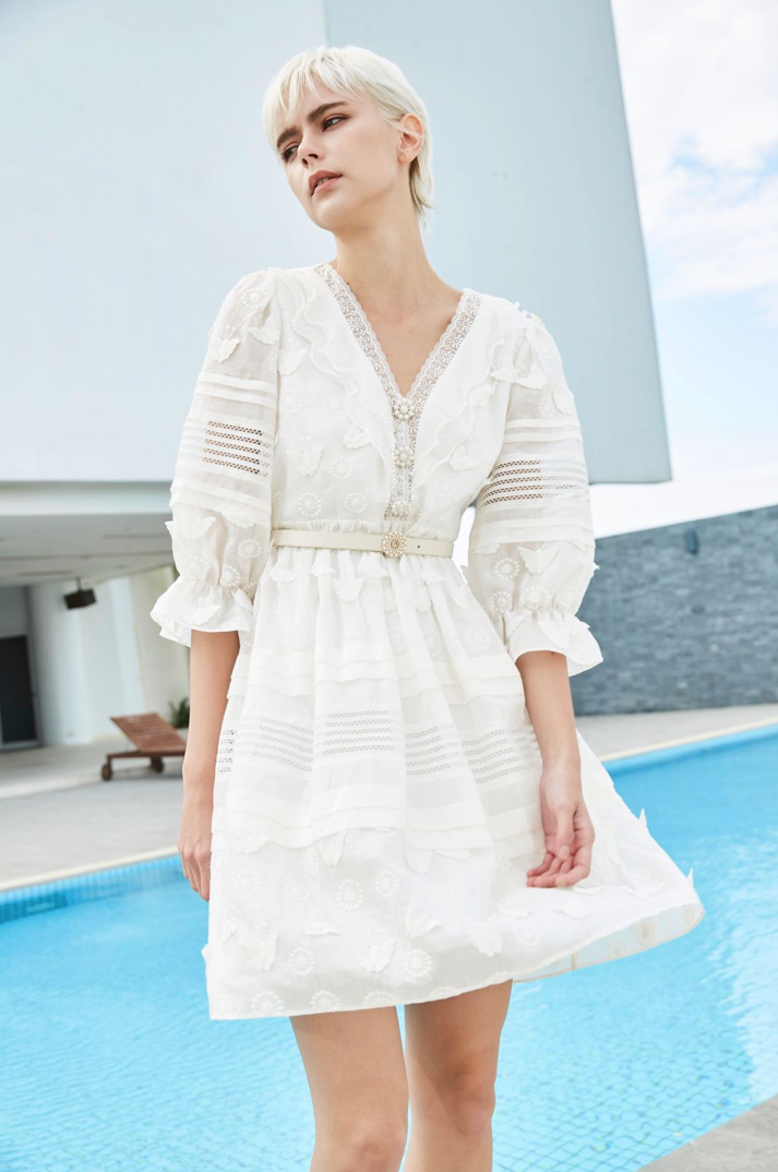 BD10162E1 新藝術花園V領太陽花蝴蝶泡袖X型短洋 (附腰帶)