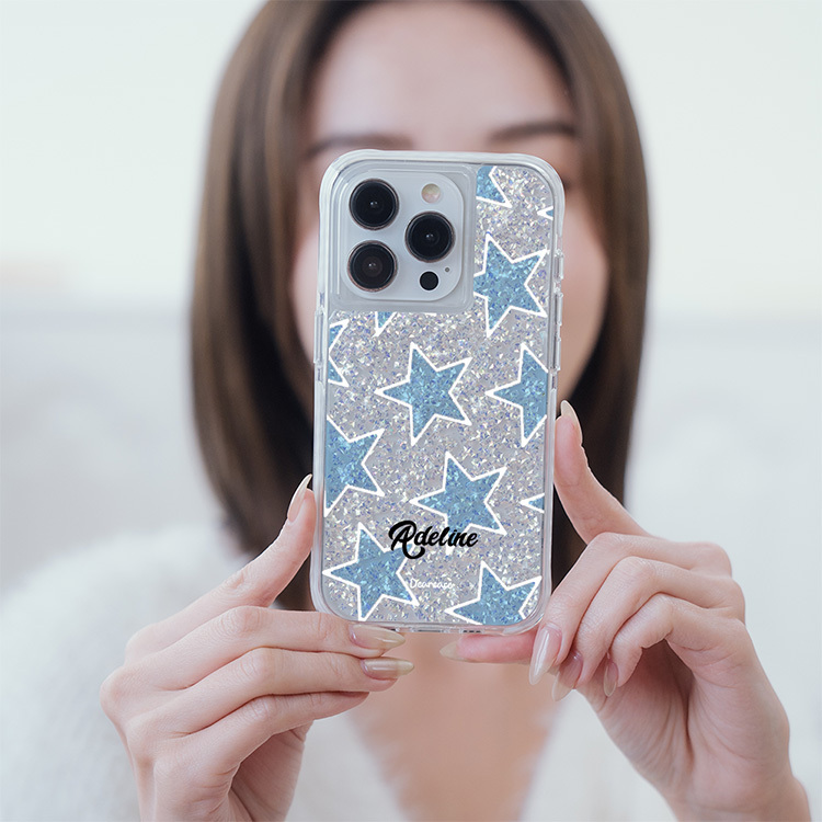 藍色星星 銀耀撞白殼 - (訂製名字) - iPhone 客製化手機殼