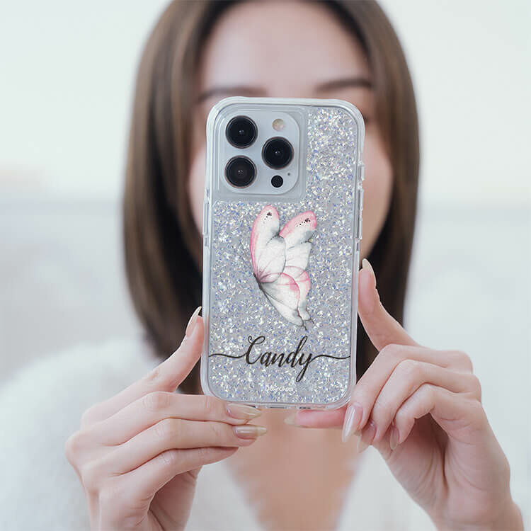 夢幻粉蝶 銀耀撞白殼 - (訂製名字) - iPhone 客製化手機殼