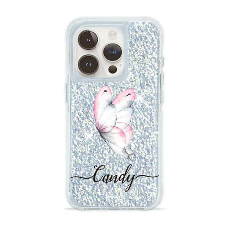 夢幻粉蝶 銀耀撞白殼 - (訂製名字) - iPhone 客製化手機殼