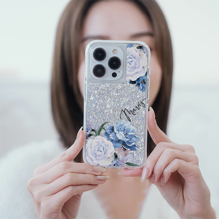 藍紫玫瑰 銀耀撞白殼 - (訂製名字) - iPhone 客製化手機殼