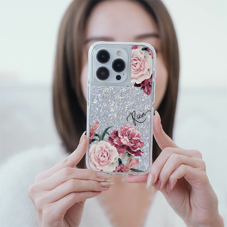 玫粉玫瑰 銀耀撞白殼 - (訂製名字) - iPhone 客製化手機殼