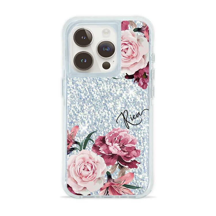玫粉玫瑰 銀耀撞白殼 - (訂製名字) - iPhone 客製化手機殼