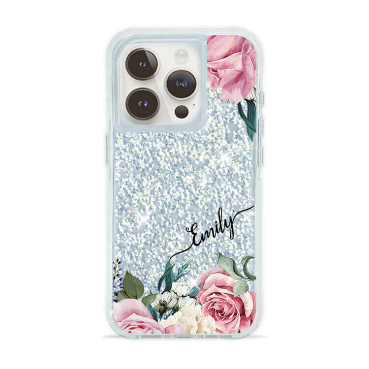 淡粉玫瑰 銀耀撞白殼 - (訂製名字) - iPhone 客製化手機殼