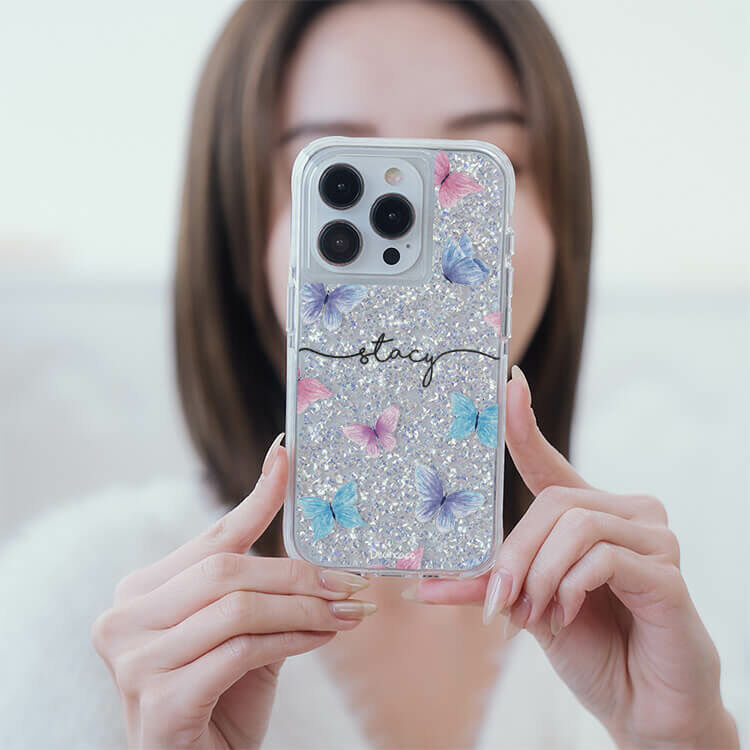 玫粉蝴蝶 銀耀撞白殼 - (訂製名字) - iPhone 客製化手機殼