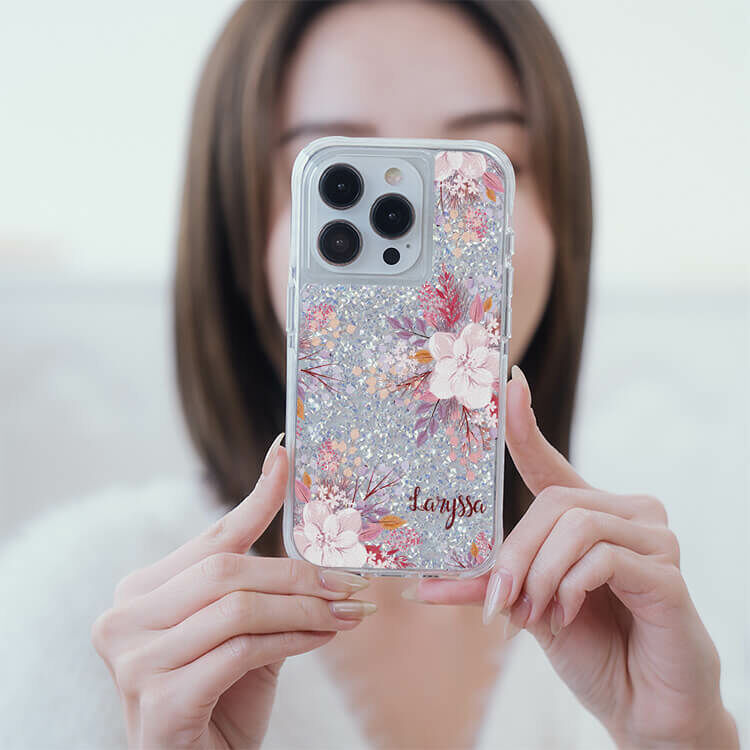 淡粉櫻花 銀耀撞白殼 - (訂製名字) - iPhone 客製化手機殼