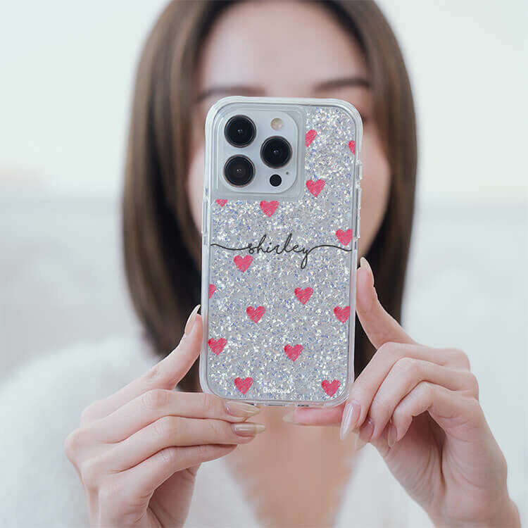 塗鴉愛心 銀耀撞白殼 - (訂製名字) - iPhone 客製化手機殼