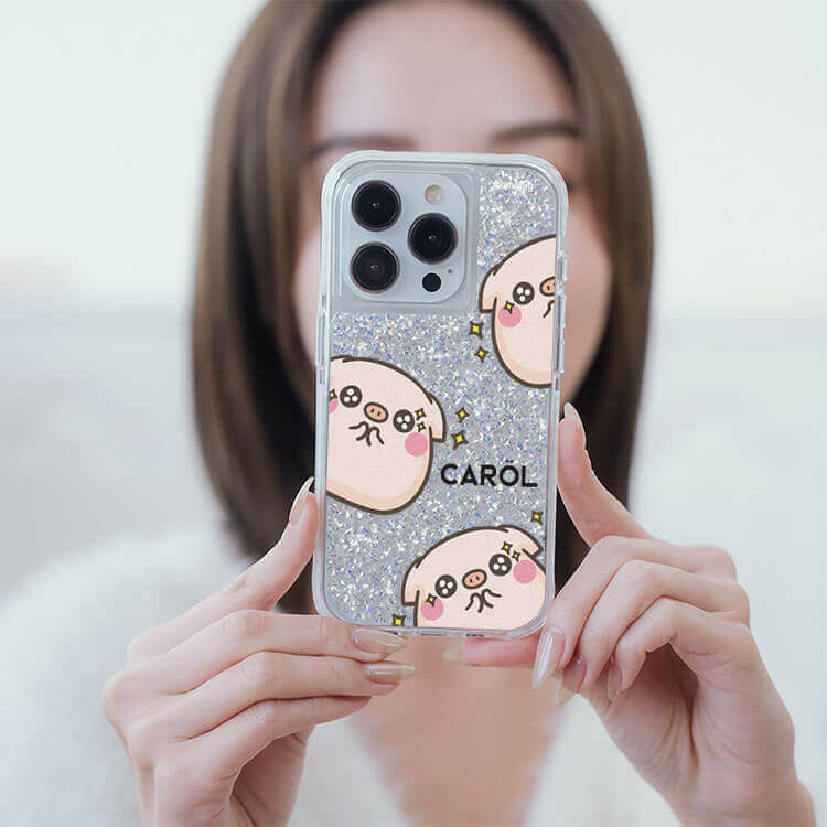 【插畫聯名】圓滾滾萌萌豬 銀耀撞白殼 - (訂製名字) - iPhone 客製化手機殼