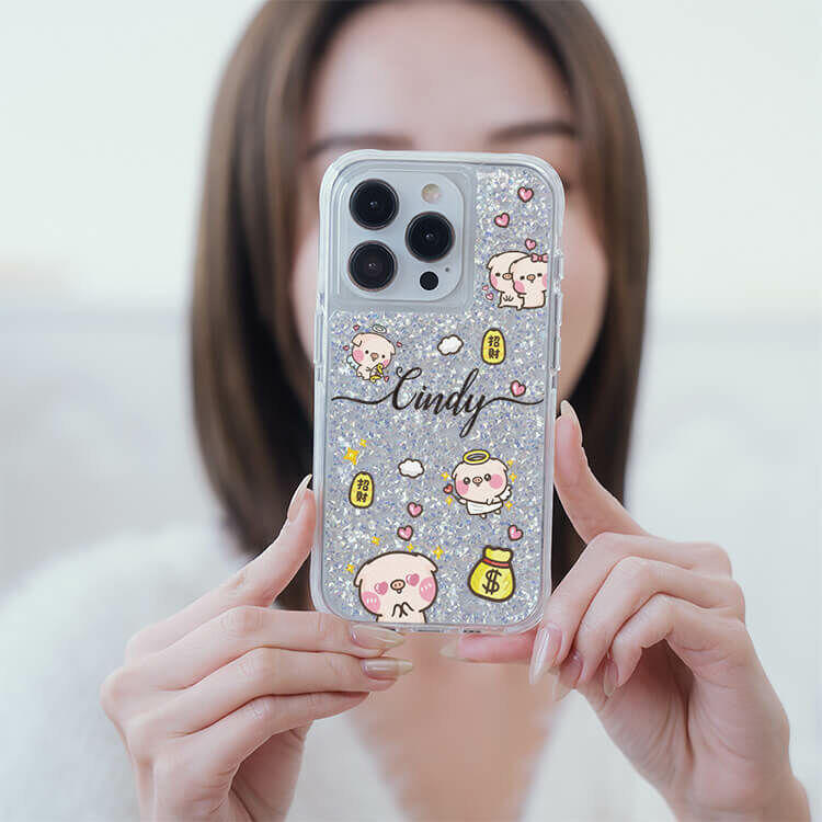【插畫聯名】滿滿的萌萌豬 銀耀撞白殼 - (訂製名字) - iPhone 客製化手機殼