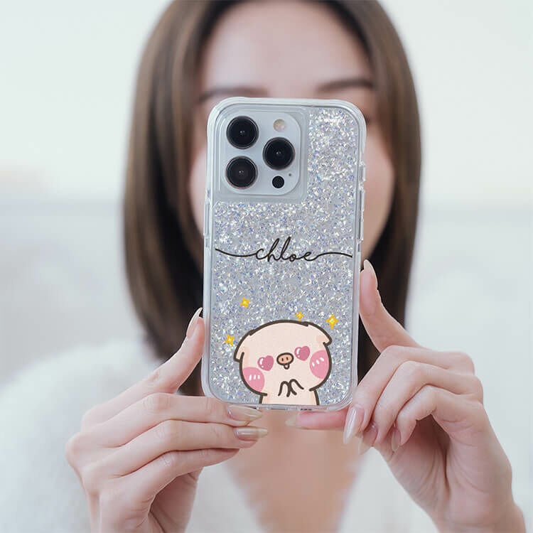 【插畫聯名】黑皮萌萌豬 銀耀撞白殼 - (訂製名字) - iPhone 客製化手機殼