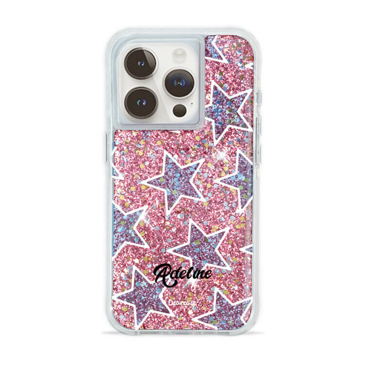 藍色星星 粉耀撞白殼 - (訂製名字) - iPhone 客製化手機殼