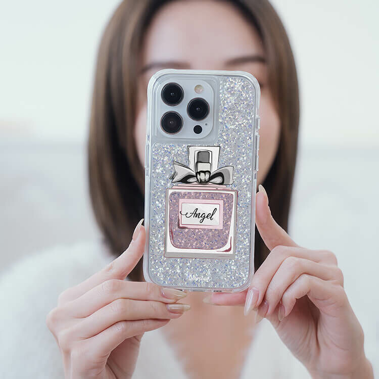 玫粉香水 銀耀撞白殼 - (訂製名字) - iPhone 客製化手機殼