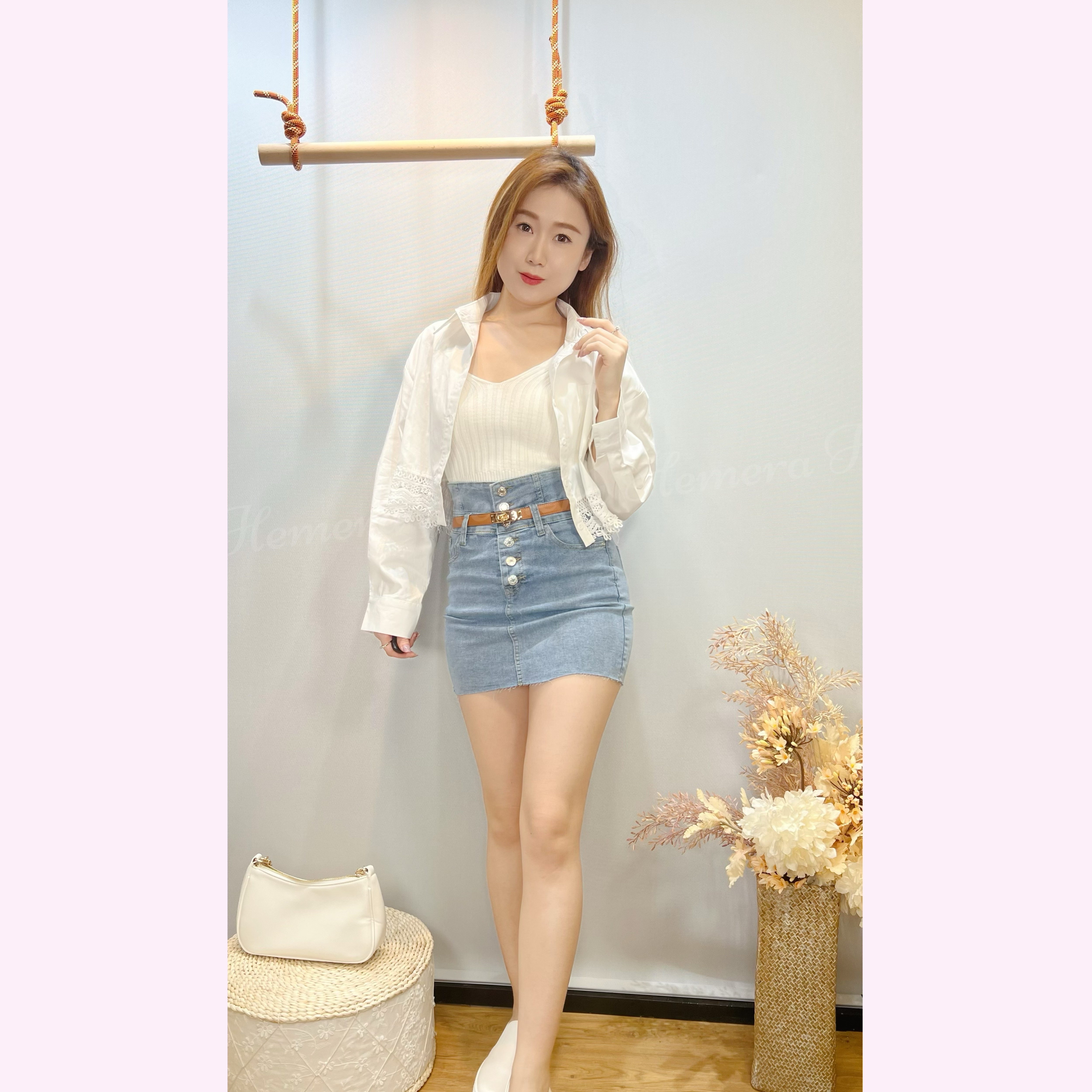 ST24W0342 LACE 邊襯衫仆短版外套連針織背心