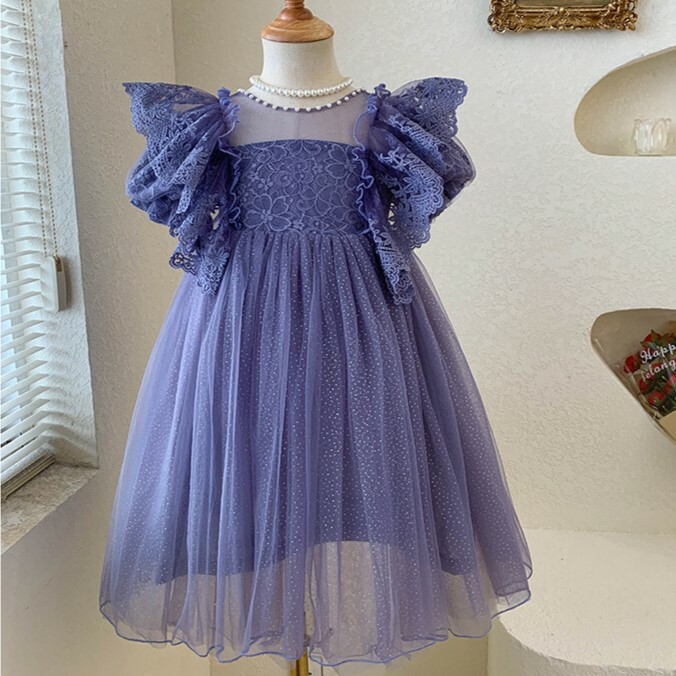 珍珠領蕾絲拼接澎袖紗裙洋裝 90-160cm 4色 #2334